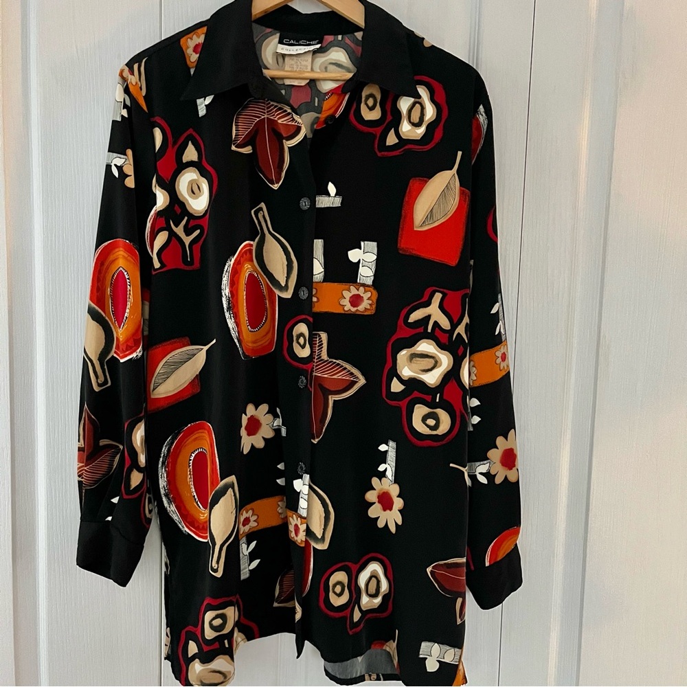 Vintage Caliche 80s 90s Button Up Shirt Size 14 Black Tribal Artsy Floral Dark